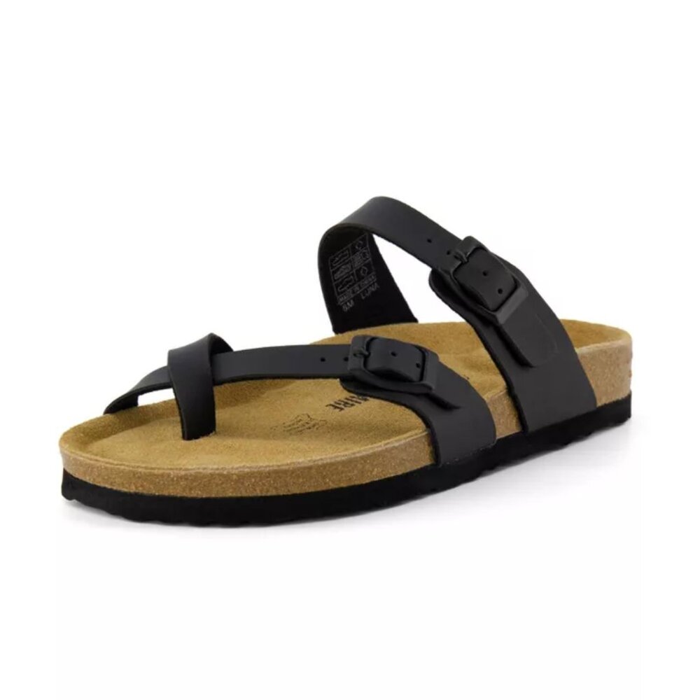 CUSHIONAIRE Luna Cork Footbed Sandals – Black, Size 7.5